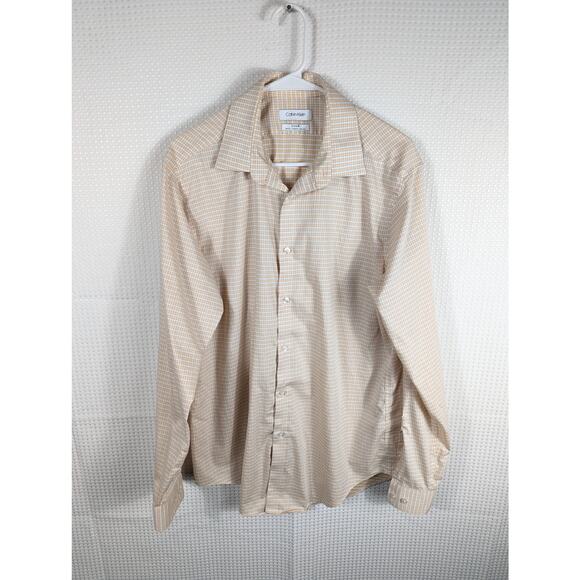 Calvin Klein 16.5 34/35 Shirt Mens Slim Fit Stretch Steel+ Tan Check Non-Iron - Picture 1 of 5